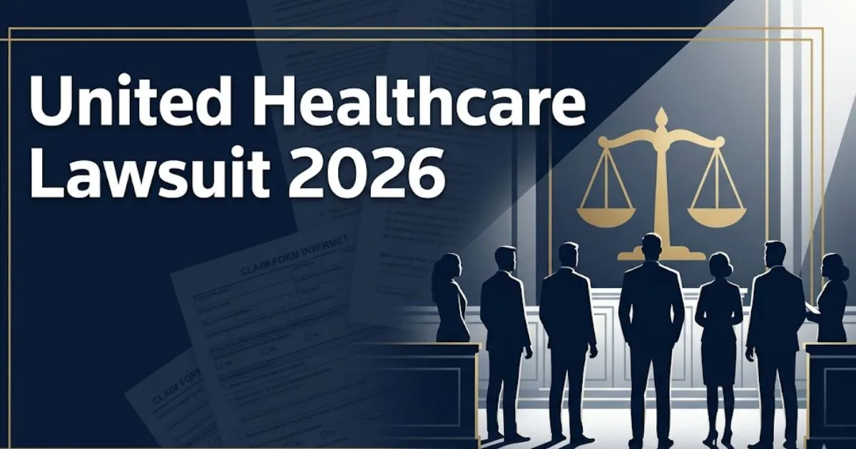 United Healthcare Lawsuit 2026 banner with legal scales and silhouettes on navy background