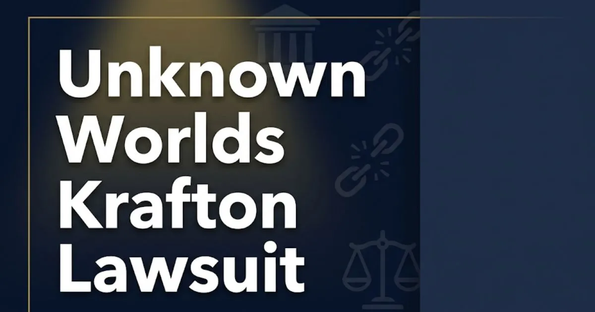 Unknown Worlds Krafton Lawsuit 2026 legal case guide banner with courthouse silhouette and legal scales on navy background