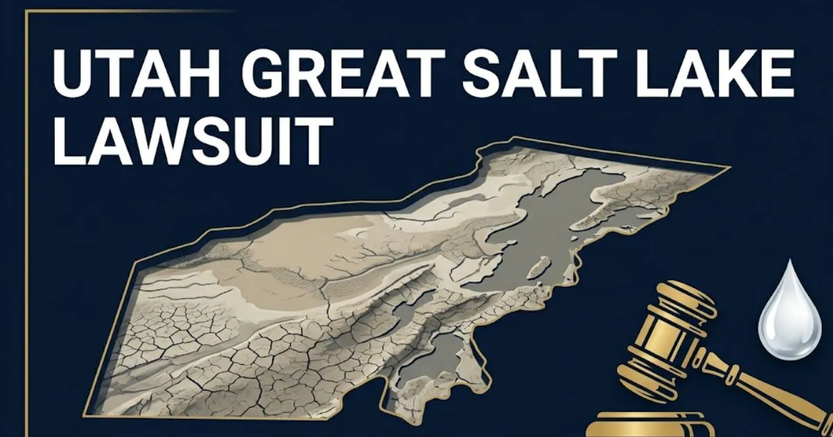 Utah Great Salt Lake lawsuit 2026 legal guide banner showing shrinking lake graphic and gavel icon