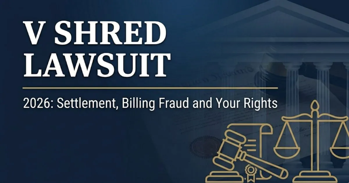 V Shred lawsuit 2026 blog banner showing gavel and scales with bold headline text on navy background
