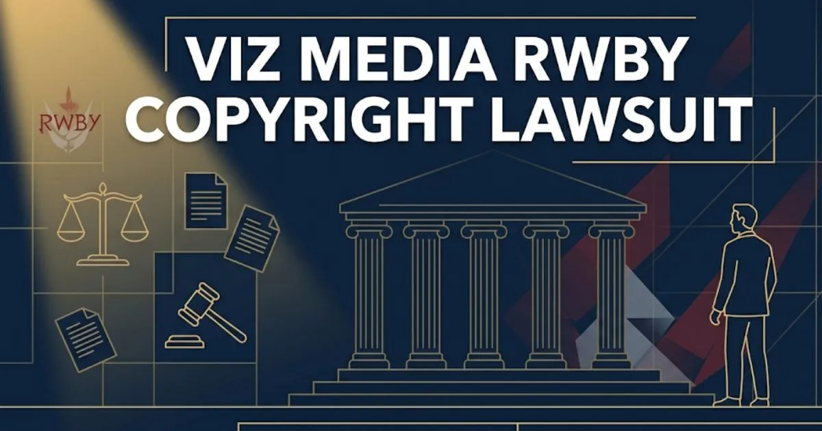 VIZ Media RWBY copyright lawsuit 2026 legal guide banner with scales of justice and legal themed design