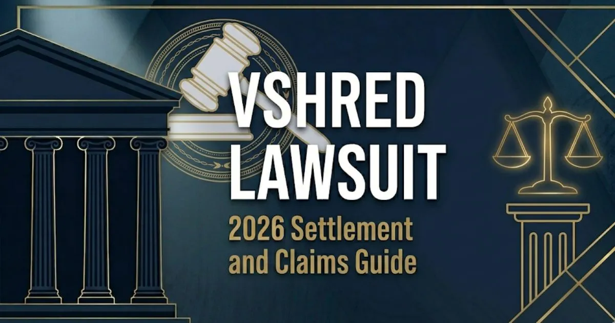 VShred lawsuit 2026 class action legal banner with gavel and scales of justice icons on navy background