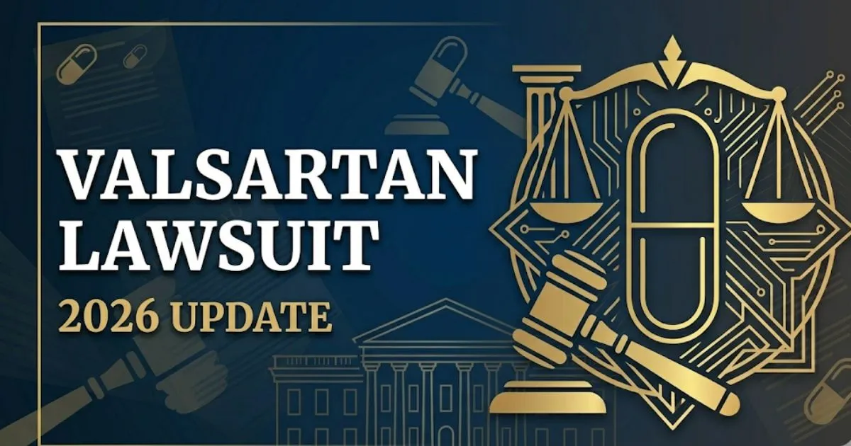 Valsartan lawsuit 2026 update banner with legal gavel icons on navy background showing payout and eligibility info