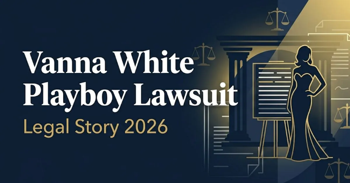 Vanna White Playboy lawsuit legal story 2026 banner with silhouette figure and gold scale of justice icons on navy background