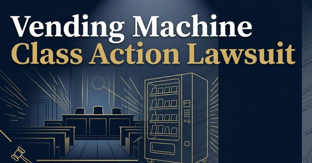 Vending machine class action lawsuit 2026 guide banner with legal gavel and antitrust case information graphic