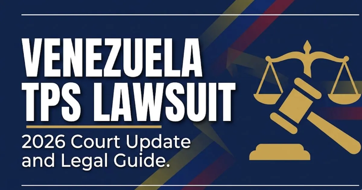 Venezuela TPS lawsuit 2026 court update legal guide blog banner with gavel and scales icons