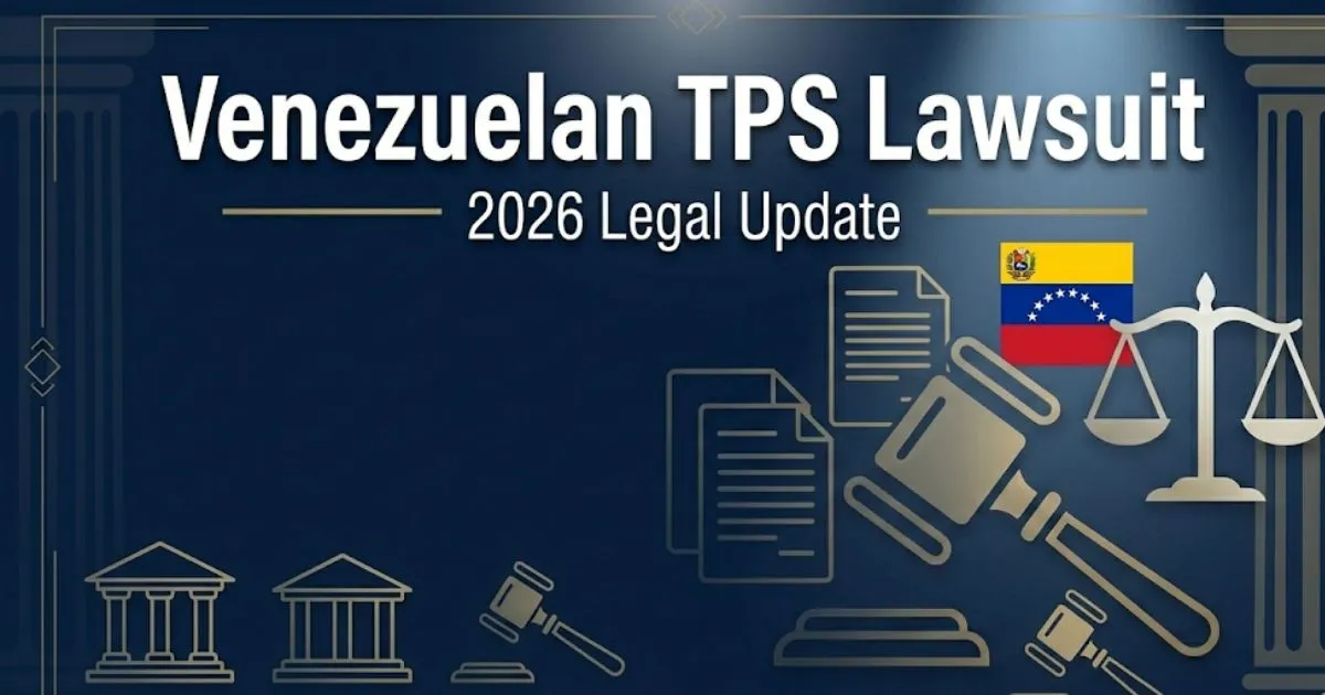 Venezuelan TPS lawsuit 2026 legal update banner with courthouse silhouette and gold accents on navy background