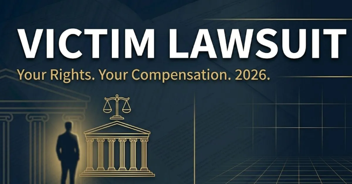 Victim lawsuit guide 2026 hero banner showing legal scales silhouette and bold headline text on navy background