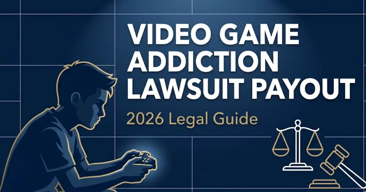 Video game addiction lawsuit payout 2026 legal guide banner with gavel and gaming controller silhouette on navy background