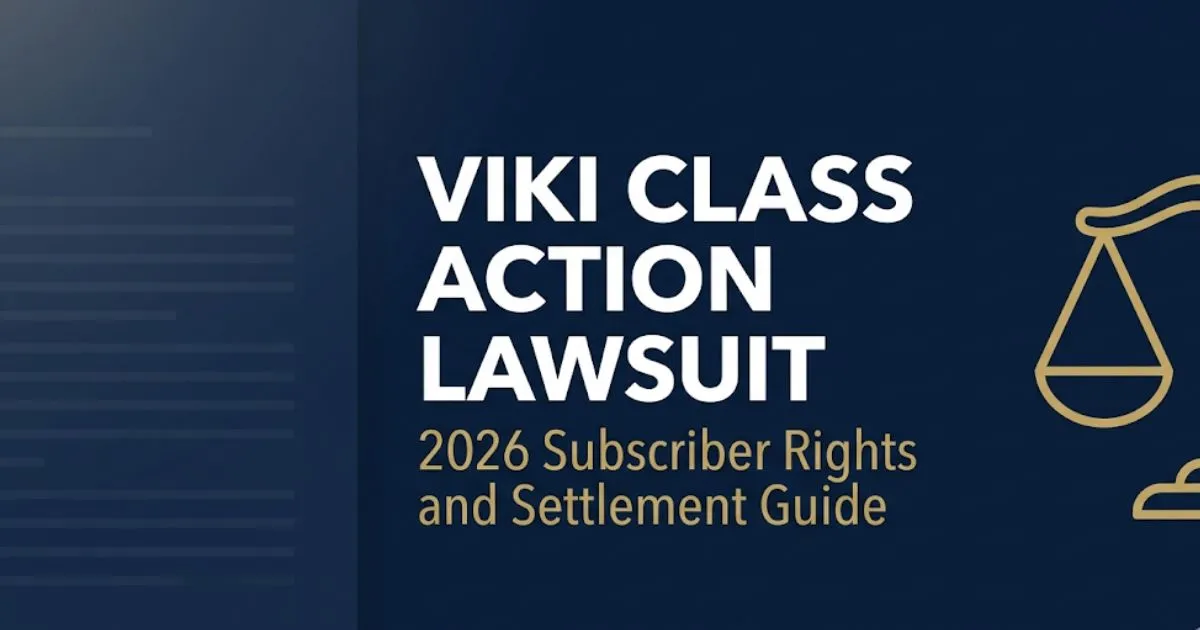 Viki class action lawsuit 2026 hero banner with legal scale icon and subscriber settlement guide headline on navy background