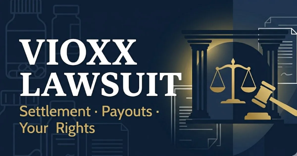 Vioxx lawsuit banner showing settlement facts, payout details, and legal rights information for 2026