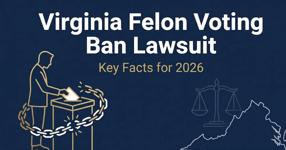 Virginia felon voting ban lawsuit 2026 banner showing ballot box silhouette and scales of justice on navy background