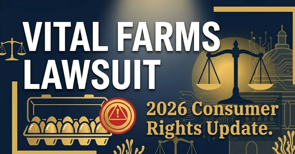 Vital Farms Lawsuit 2026 blog banner showing egg carton icon and legal scales on navy background