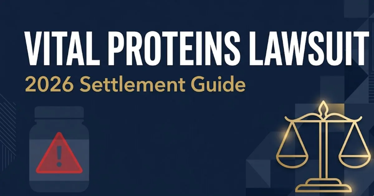 Vital Proteins Lawsuit 2026 settlement guide banner with legal scale icon and supplement imagery on navy background