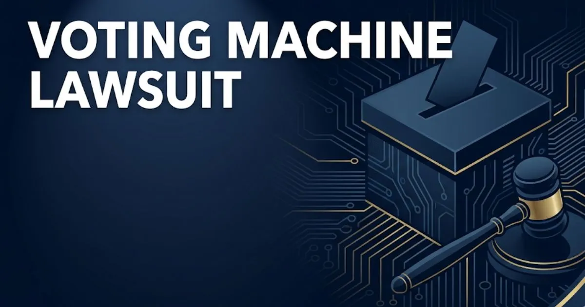 Voting machine lawsuit 2026 legal banner with gavel, ballot box, and circuit board design on navy background