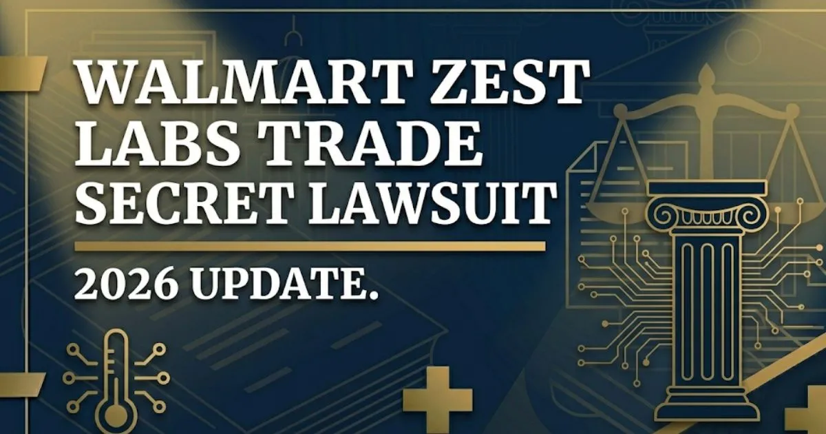 Walmart Zest Labs trade secret lawsuit 2026 update legal banner with courthouse and tech icons on navy background