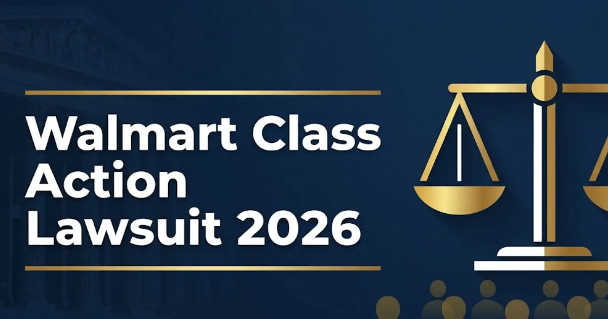 Walmart class action lawsuit 2026 editorial banner with scales of justice and bold headline text on navy background