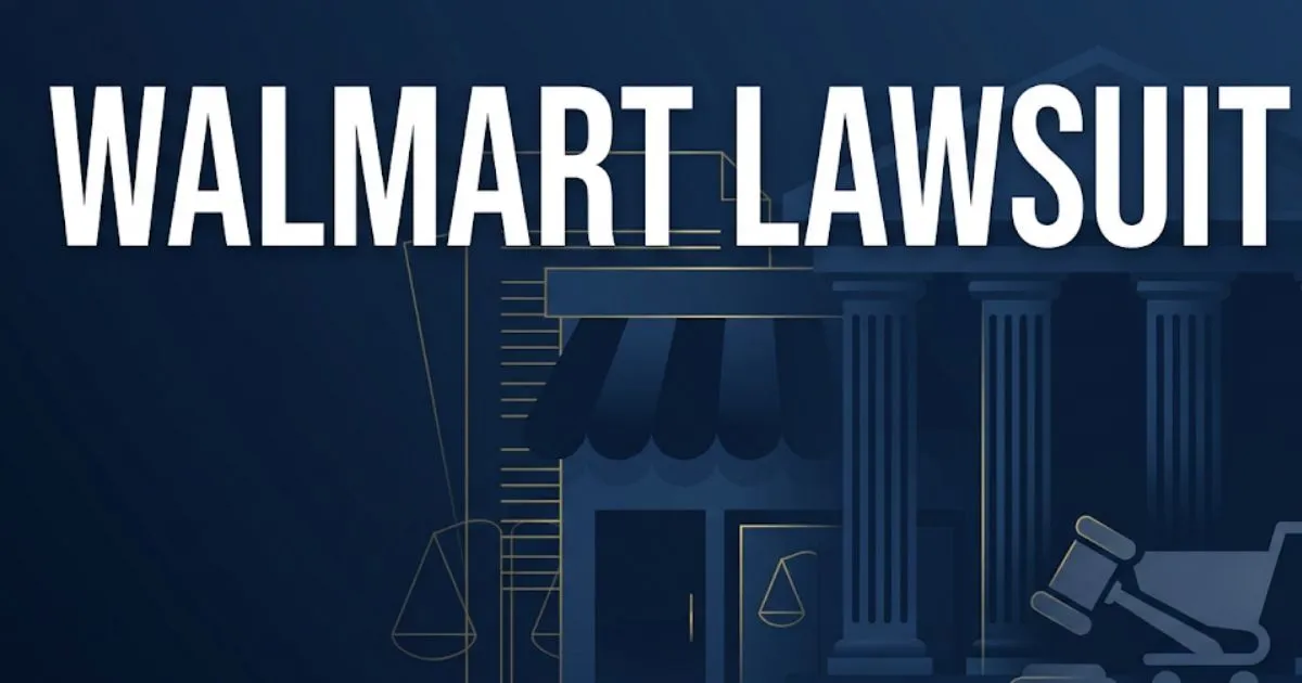 Walmart lawsuit legal banner showing retail and courthouse imagery with bold headline text