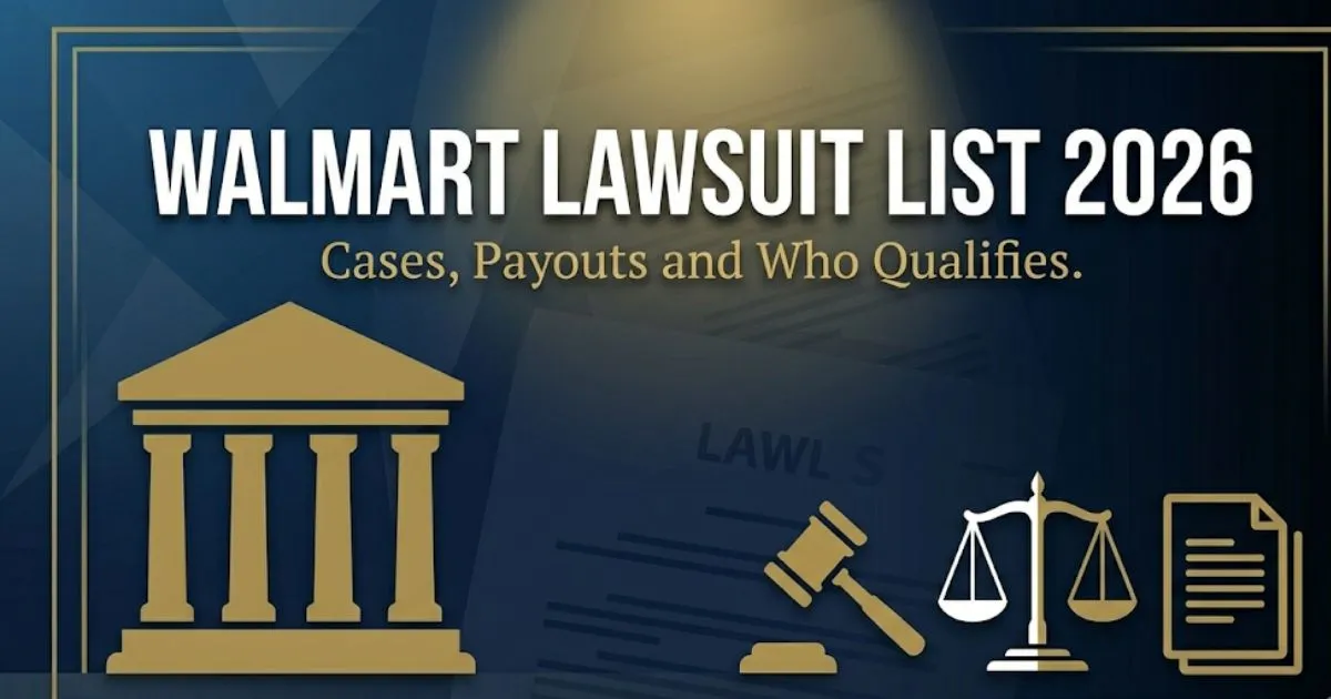 Walmart lawsuit list 2026 legal banner with courthouse silhouette, gavel icon, and gold-accented headline on navy background