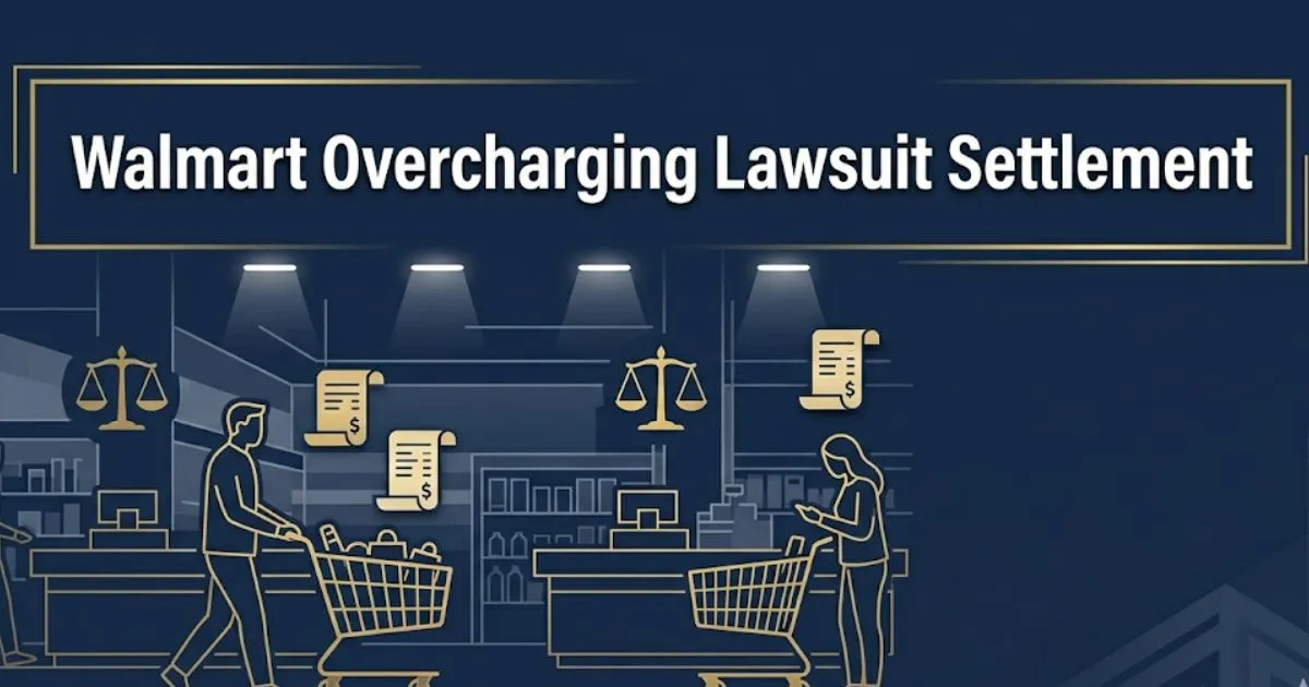 Walmart overcharging lawsuit settlement 2026 banner with legal icons and shopping silhouettes