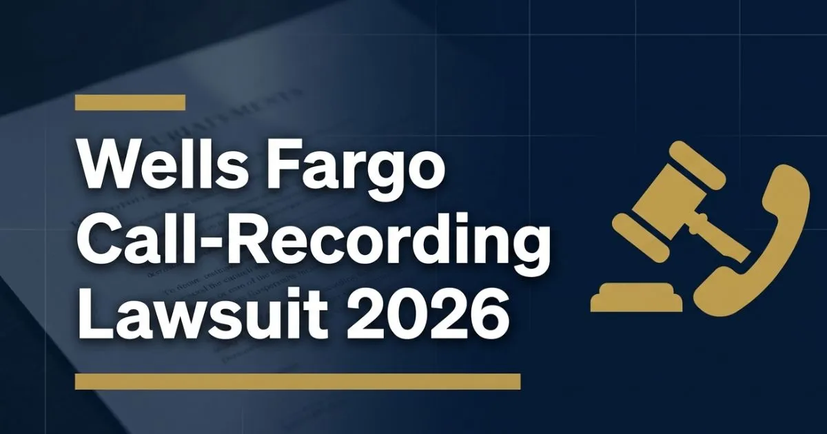 Wells Fargo call-recording lawsuit 2026 blog banner with gavel and phone silhouette on navy background