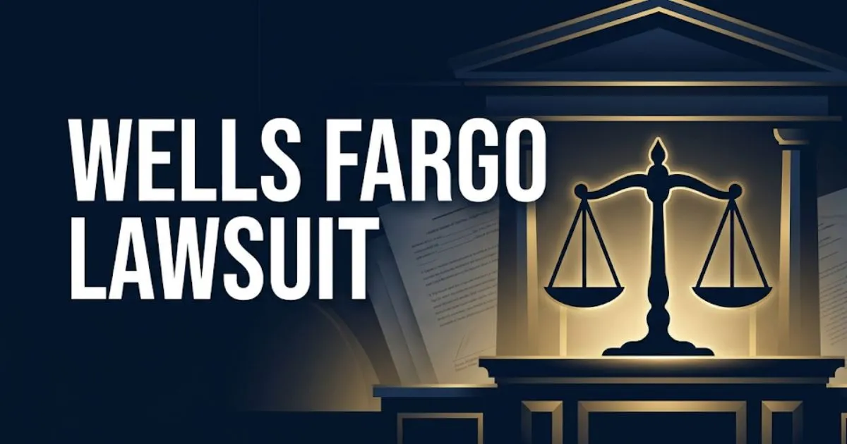Wells Fargo lawsuit 2026 legal banner with scales of justice and courthouse silhouette on navy background