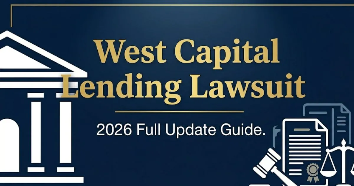 West Capital Lending Lawsuit 2026 update guide banner with courthouse silhouette and legal icons on navy background