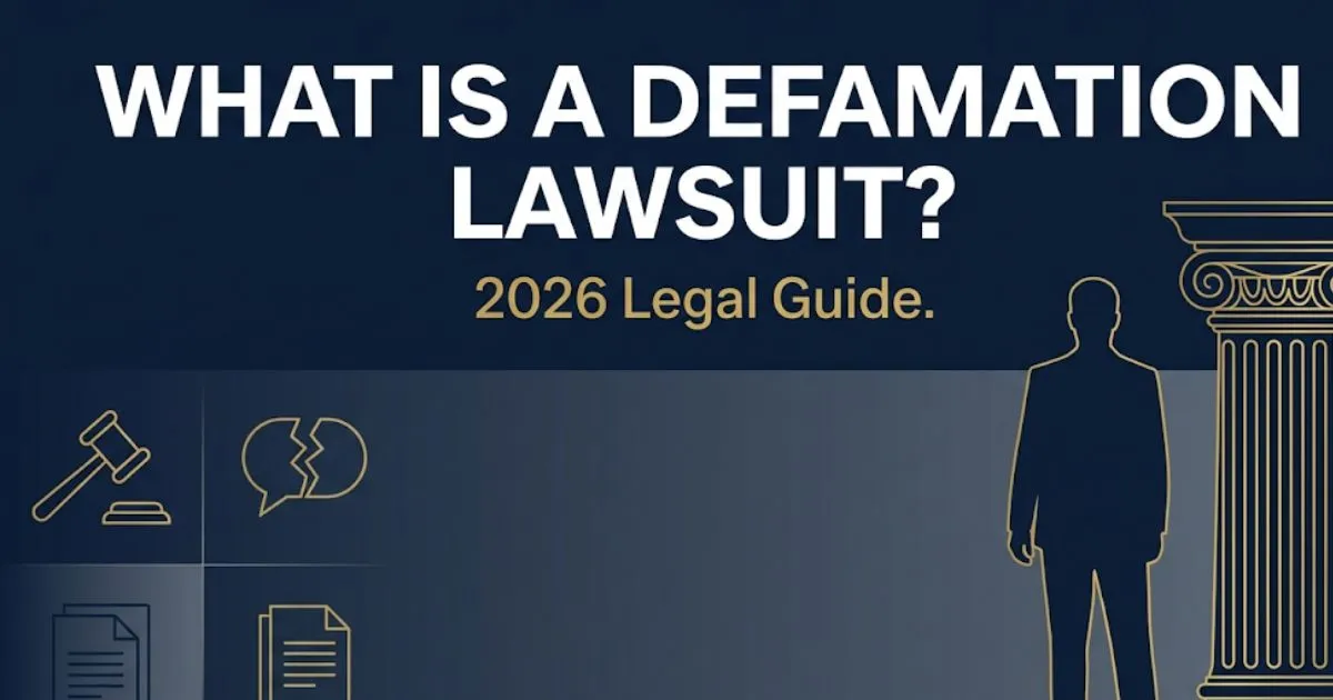 What is a defamation lawsuit 2026 legal guide banner with gavel and courthouse silhouette on navy background
