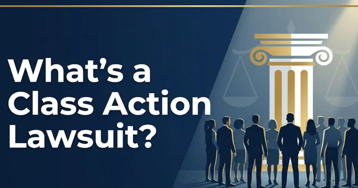 What's a class action lawsuit guide 2026 banner with courthouse icon and group of silhouettes on navy background