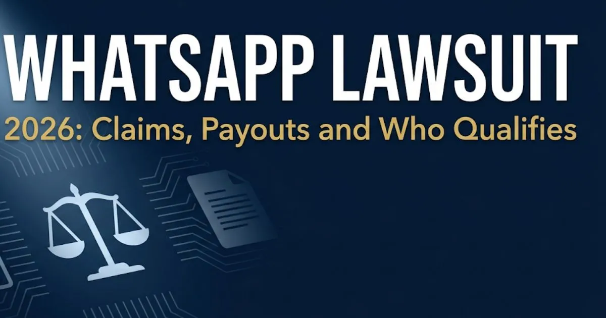 WhatsApp lawsuit 2026 banner showing legal scales and claim document icons on a navy background