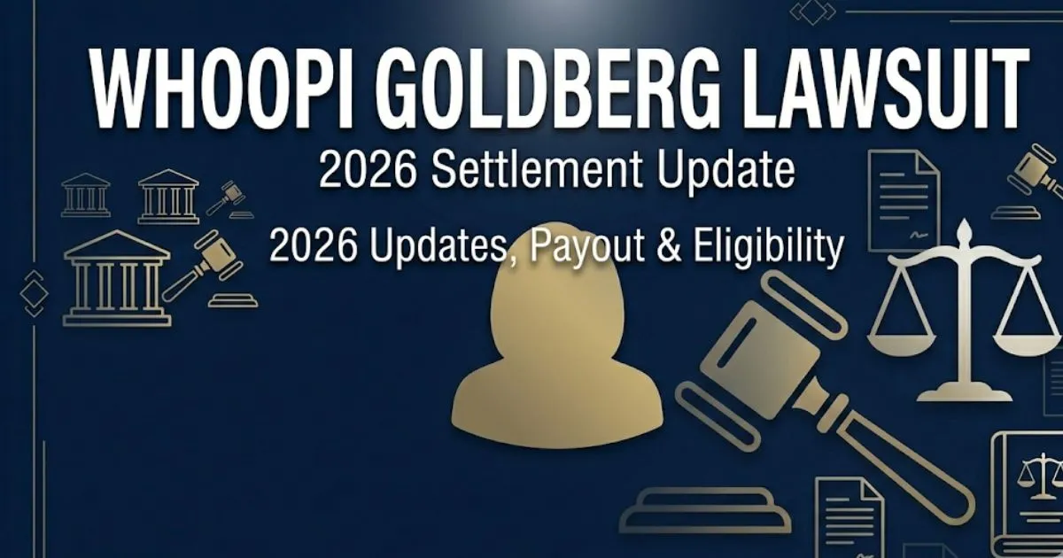 Whoopi Goldberg lawsuit 2026 editorial banner with legal gavel and scales of justice on navy background