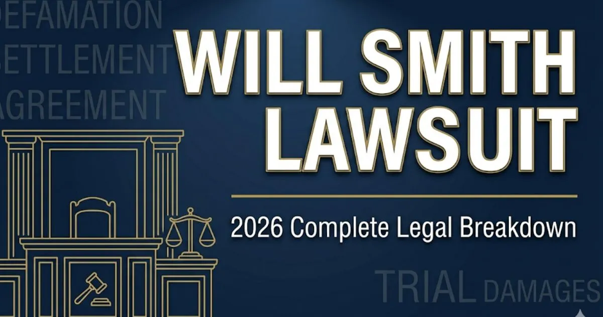 Will Smith lawsuit 2026 hero banner with legal scales, courtroom silhouette, and bold headline text on navy background.