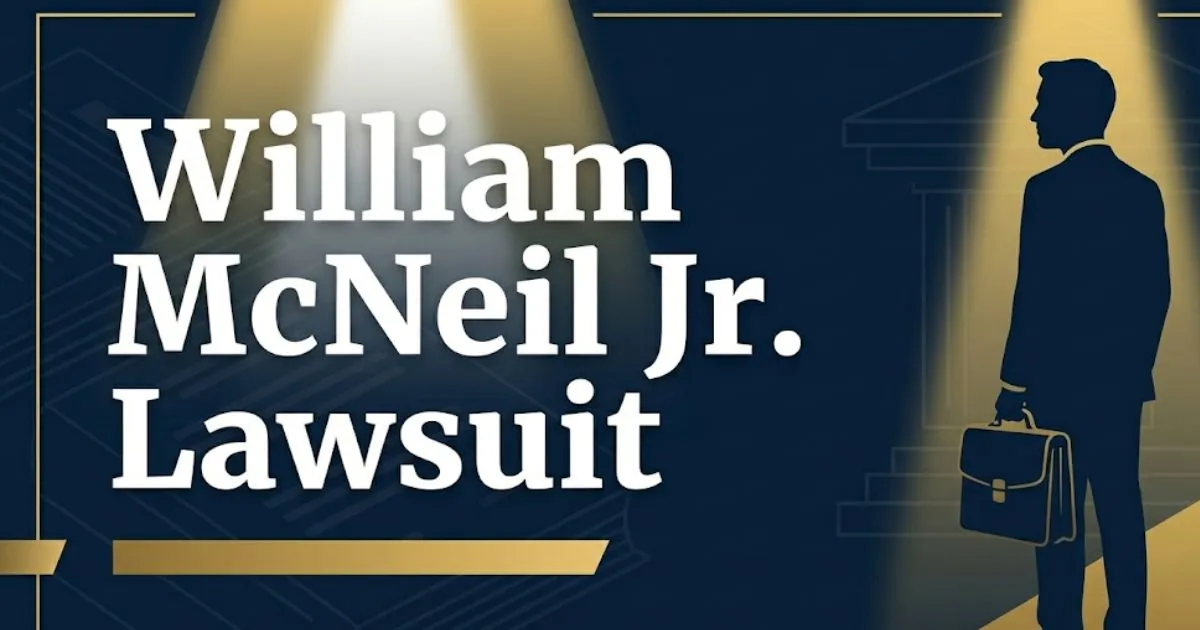 William McNeil Jr. Lawsuit 2026 case update banner with legal courtroom silhouette on navy background