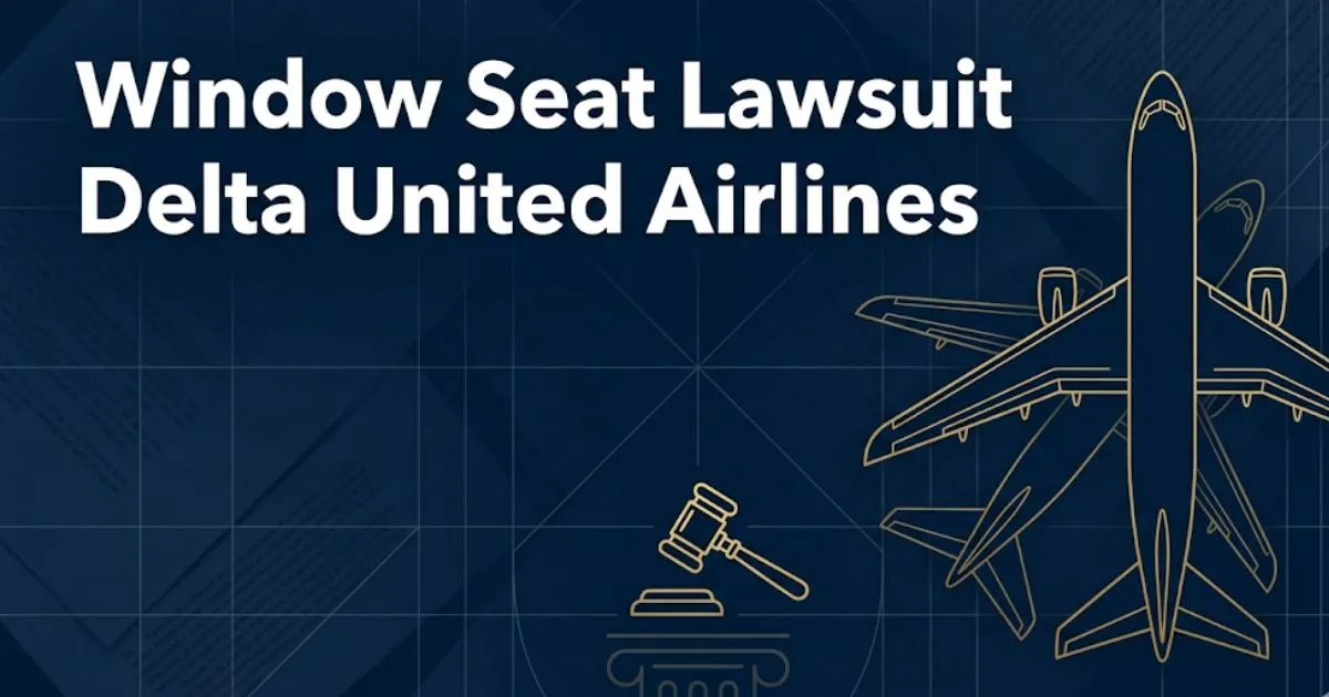 Window seat lawsuit Delta United Airlines 2026 blog banner with legal gavel and airline silhouette on navy background