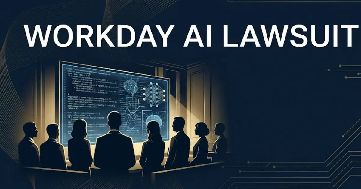 Workday AI lawsuit banner showing courtroom silhouettes and algorithm graphics in navy and gold legal theme