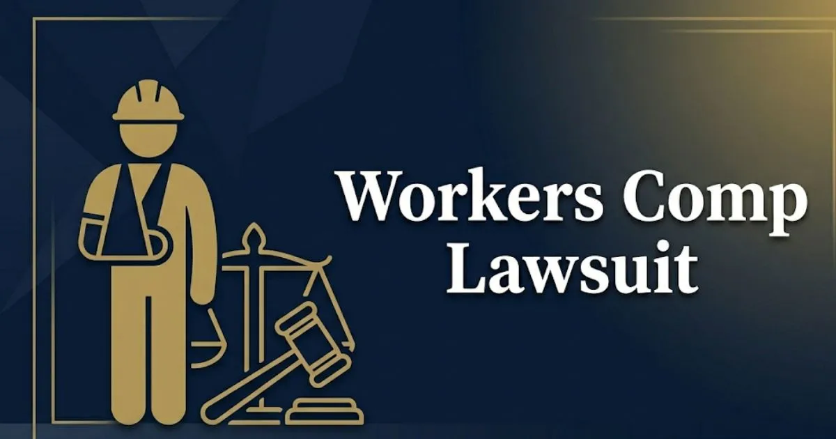 Workers comp lawsuit 2026 guide with legal scale and injured worker silhouette banner