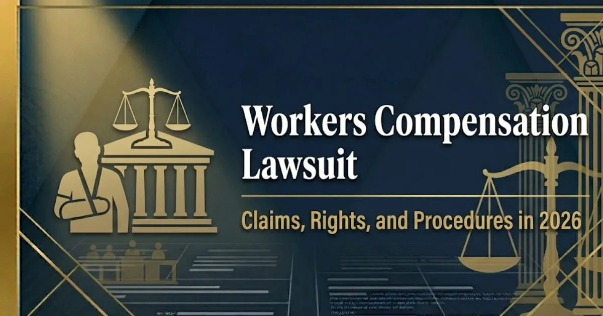Workers compensation lawsuit 2026 guide with legal scales and courthouse silhouette banner