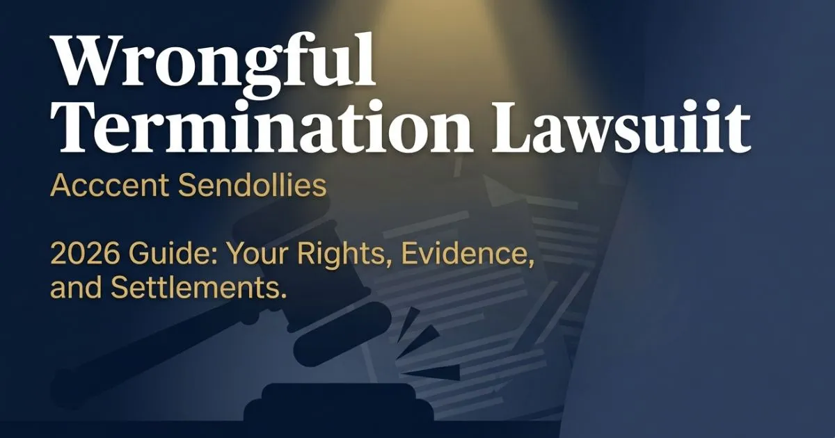 Wrongful termination lawsuit 2026 guide banner with gavel silhouette on deep navy background