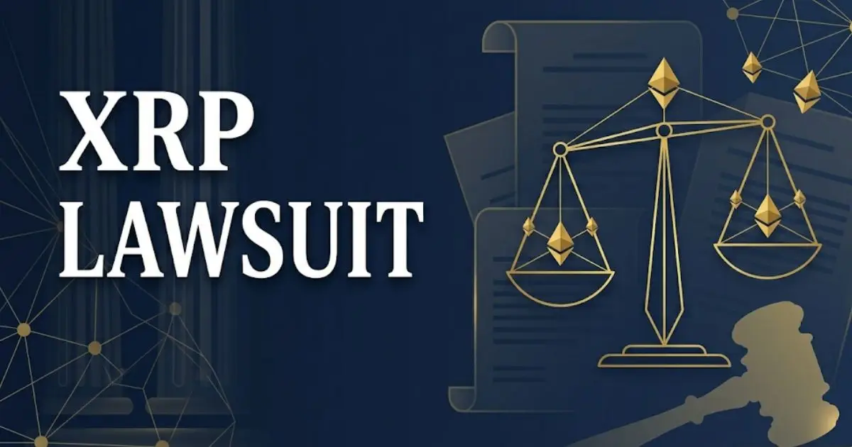XRP Lawsuit 2026 legal banner with courthouse silhouette and blockchain design elements