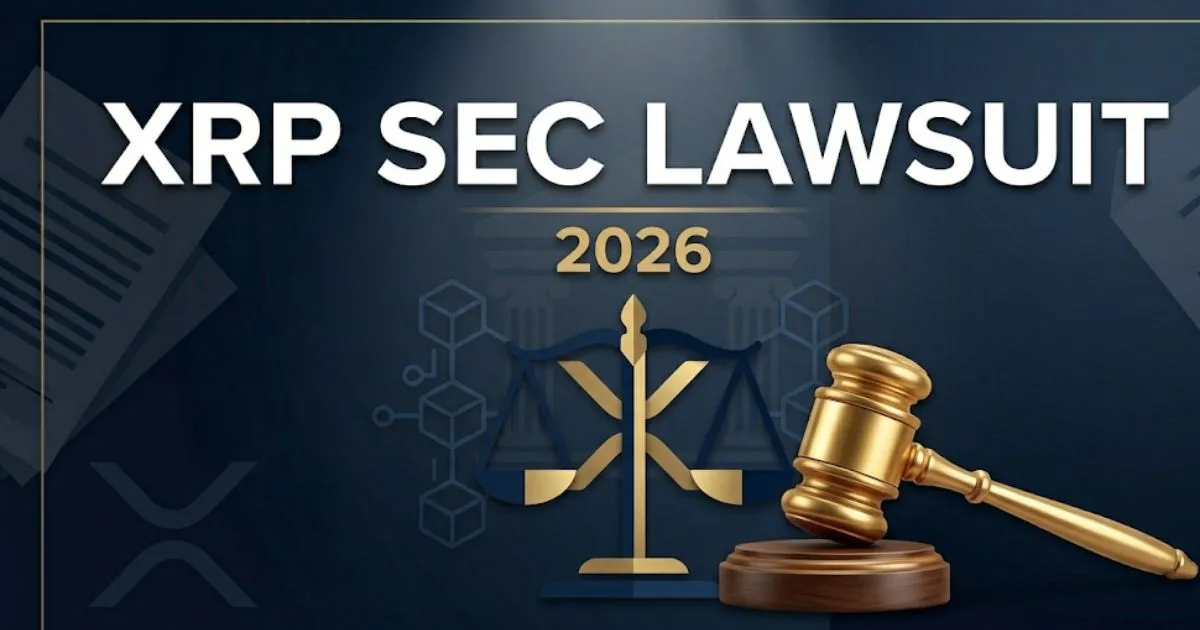 XRP SEC lawsuit 2026 legal banner with scales of justice and cryptocurrency blockchain theme