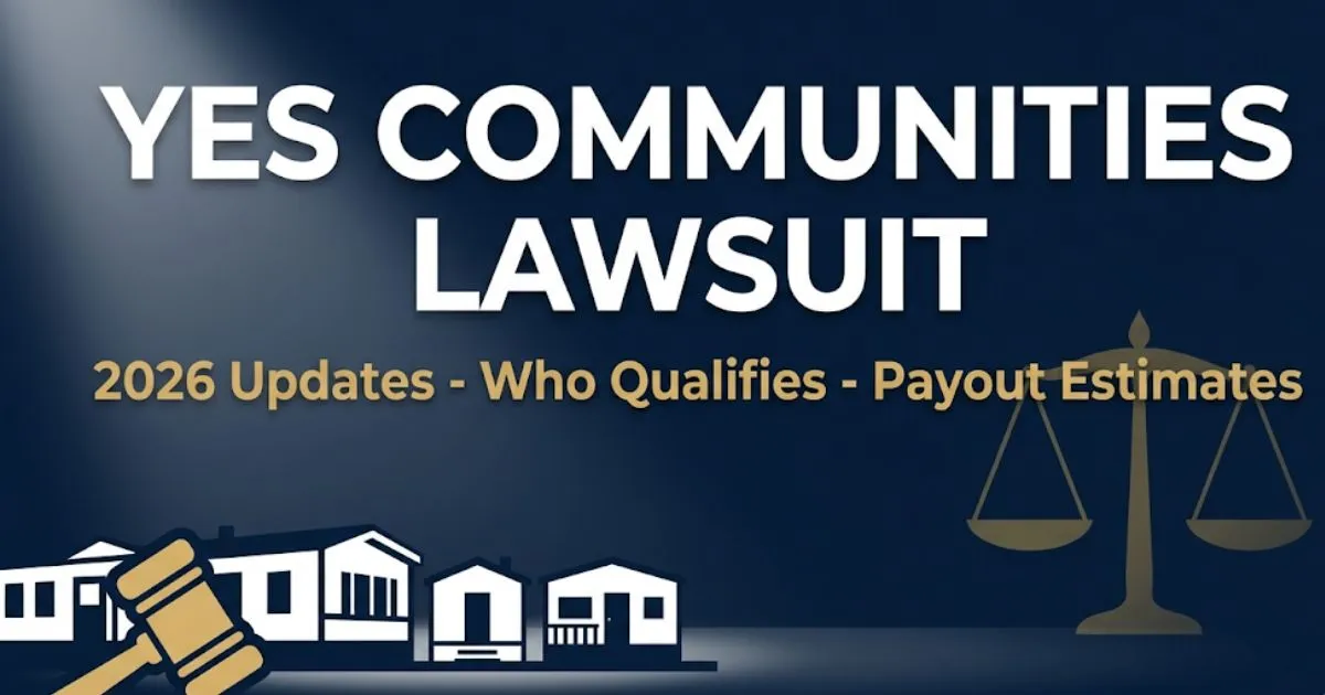 YES Communities lawsuit 2026 hero banner showing manufactured homes, legal scales, and bold headline text