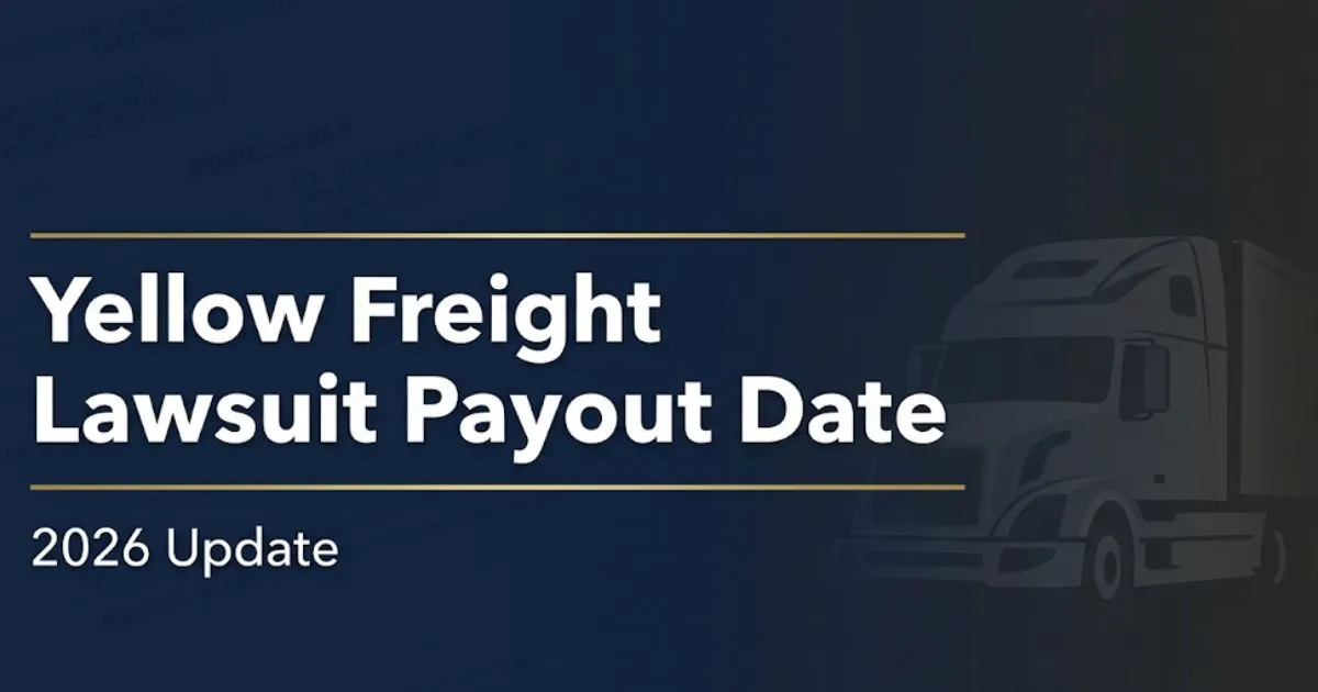 Yellow Freight lawsuit payout date 2026 legal guide banner with semi-truck silhouette on navy background