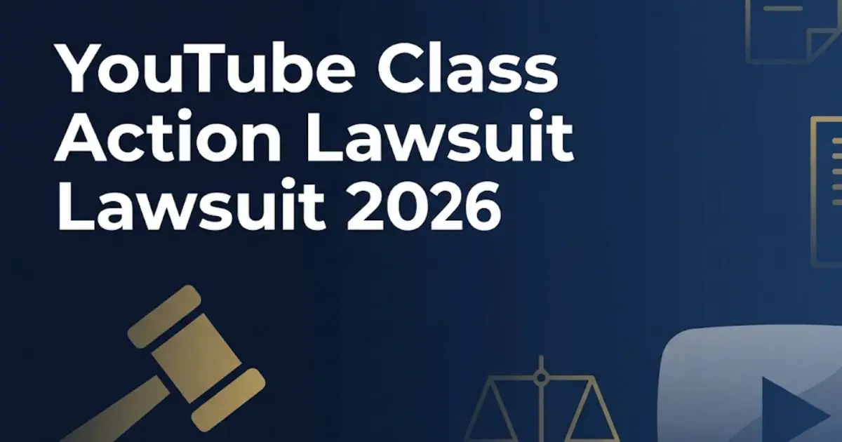 YouTube Class Action Lawsuit 2026 legal banner with gavel and scales icons on navy background (1)