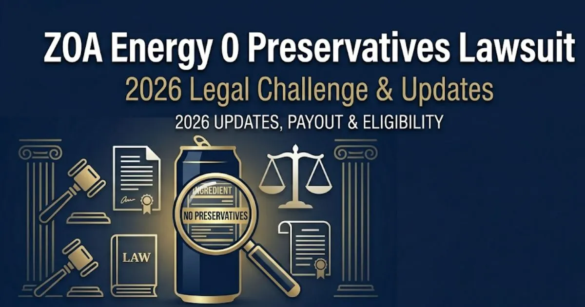 ZOA Energy 0 preservatives lawsuit banner with legal symbols and energy drink can silhouette