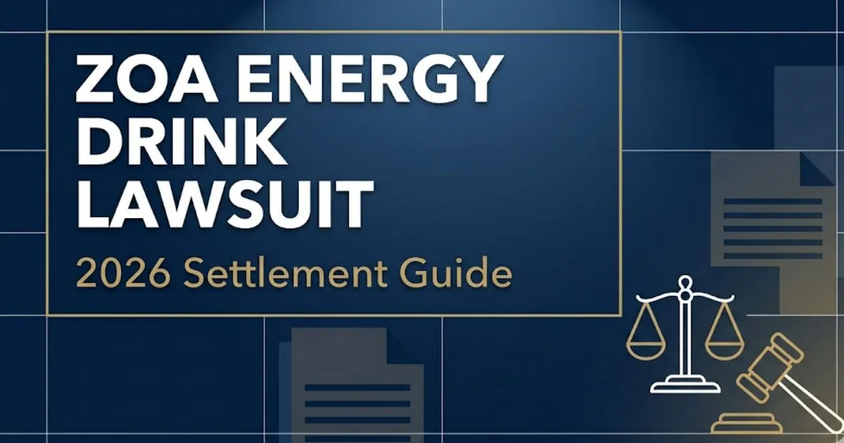ZOA energy drink lawsuit 2026 settlement guide banner with gavel and legal scale icons on navy background