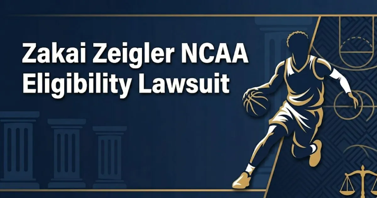 Zakai Zeigler NCAA eligibility lawsuit 2026 update with basketball silhouette and legal scales on navy background