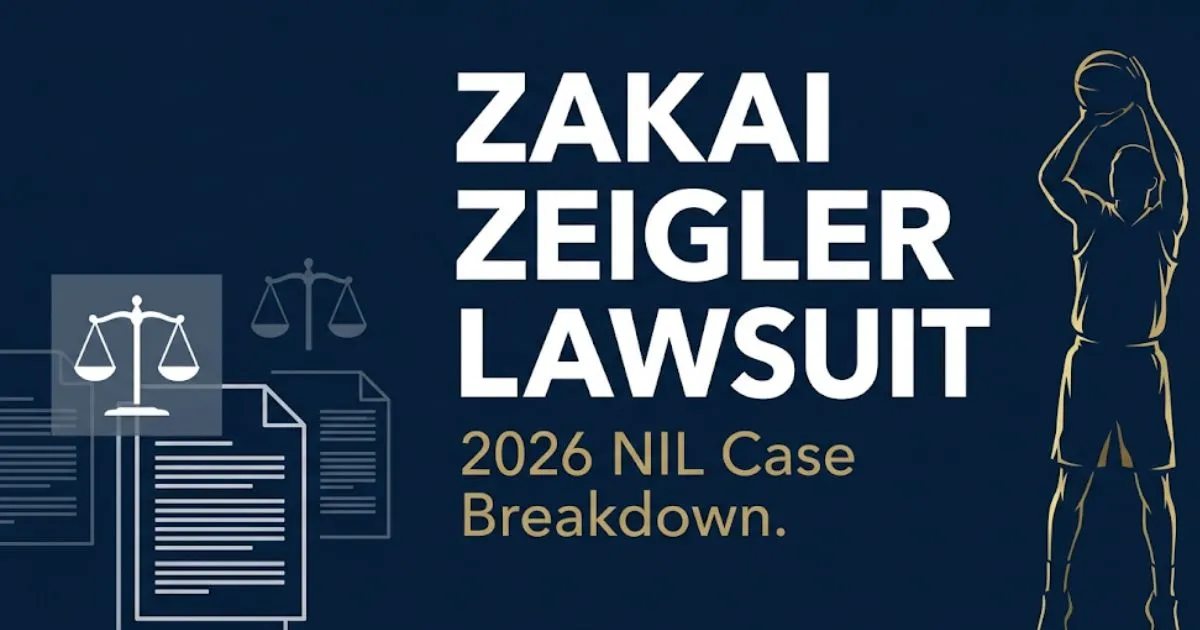 Zakai Zeigler lawsuit 2026 NIL case breakdown banner with legal icons and basketball player silhouette