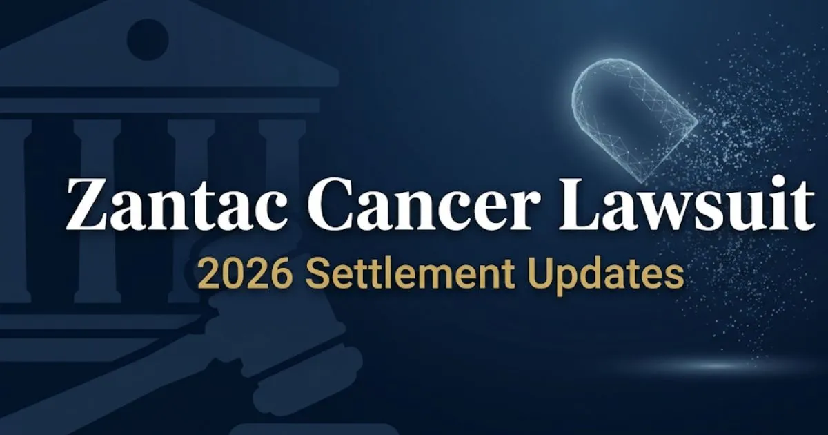 Zantac cancer lawsuit 2026 blog banner with courthouse and pill imagery
