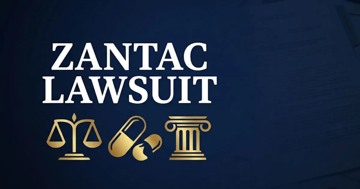 Zantac lawsuit 2026 guide banner with legal scales and pill icons on navy background