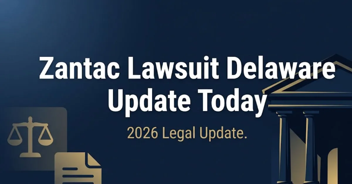 Zantac lawsuit Delaware update today 2026 blog banner with courthouse silhouette and legal icons on navy background